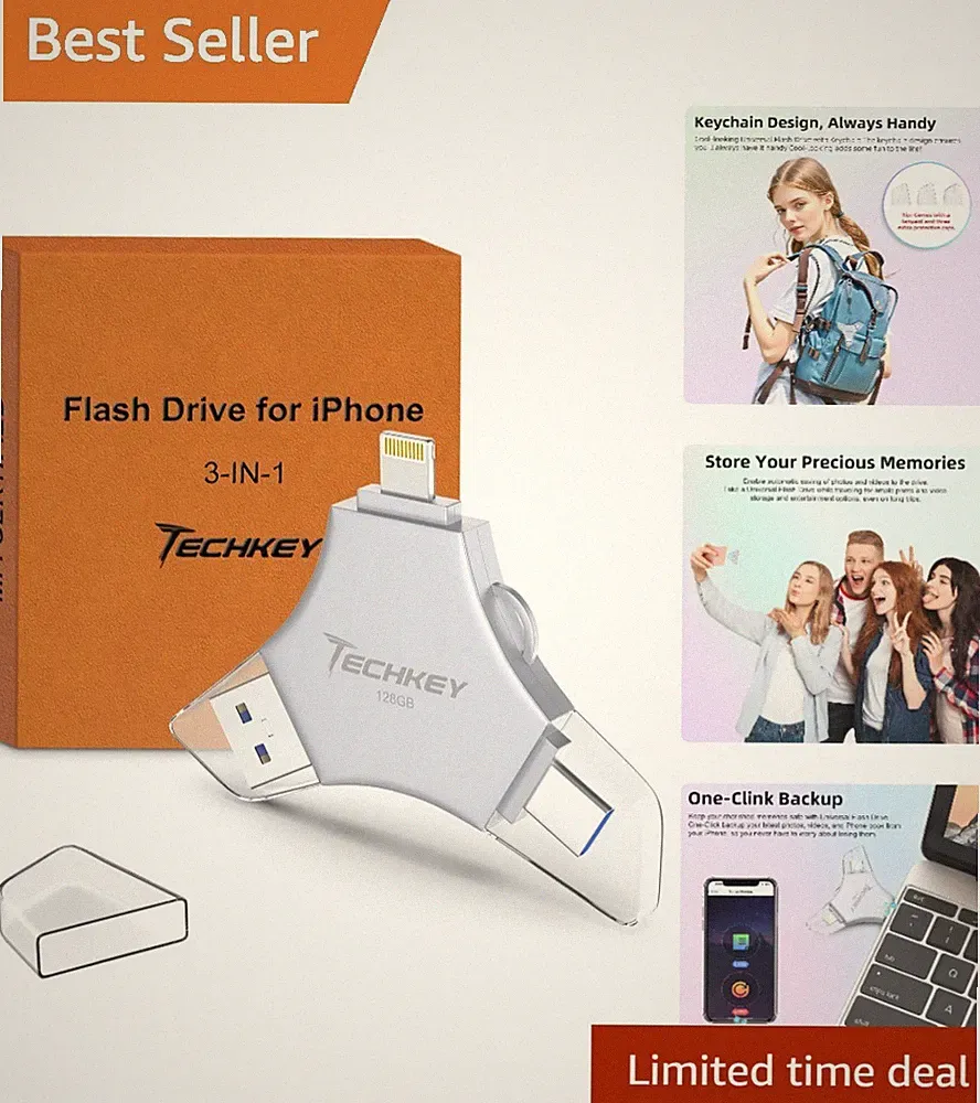 Compact 3-in-1 USB 3.0 Flash Drive 128GB - High-Speed Storage for iPhone/Android