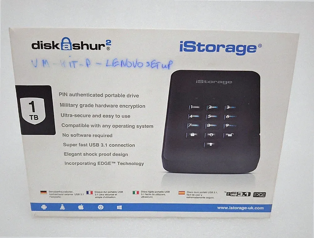 iStorage diskAshur2 1TB Encrypted Portable Hard Drive USB 3.1 PIN Secure